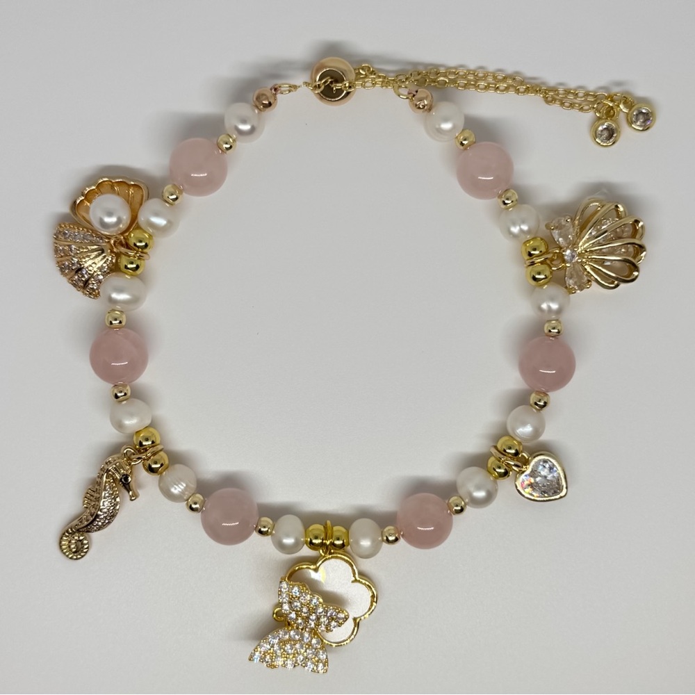 Madagascar Rose Quartz and White Pearls Crystal Bracelet